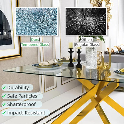 51.18" Rectangular Glass Dining Table, Tempered Glass Small Kitchen Table with Metal Tubular Legs, Stylish and Sturdy Gold Dinner Table for Home and Outdoor