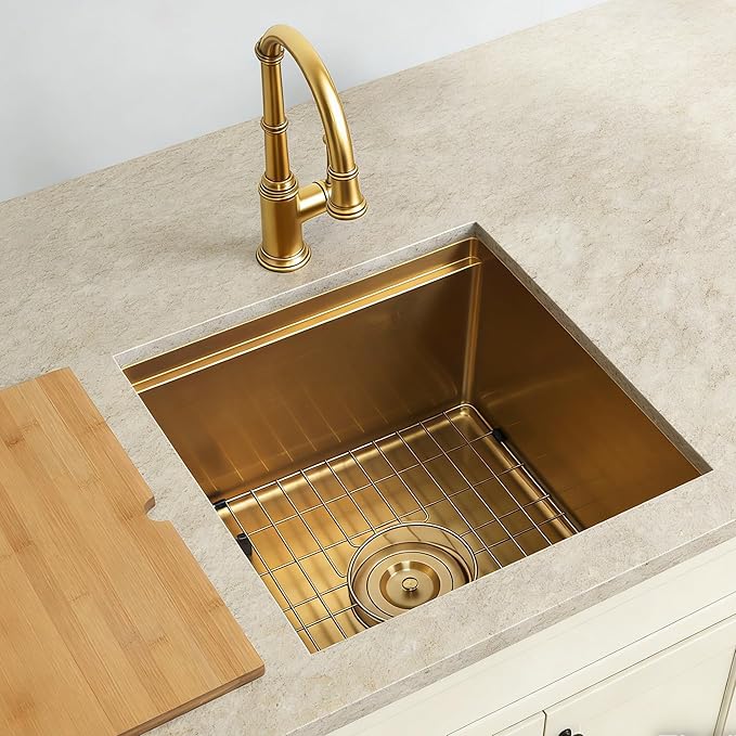 Gold Bar Sink Undermount,Small Bar & Prep Sinks,16 gauge Stainless Steel Bar Sink with Workstation for Wet Bar Area (18" X 18")
