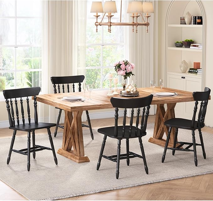 chairus Vintage Black Dining Chairs Set of 4, Farmhouse Windsor Wooden Dining Room Chairs with Turned Spindle Back & Legs, Traditional Colonial Armless Side Kitchen Chairs
