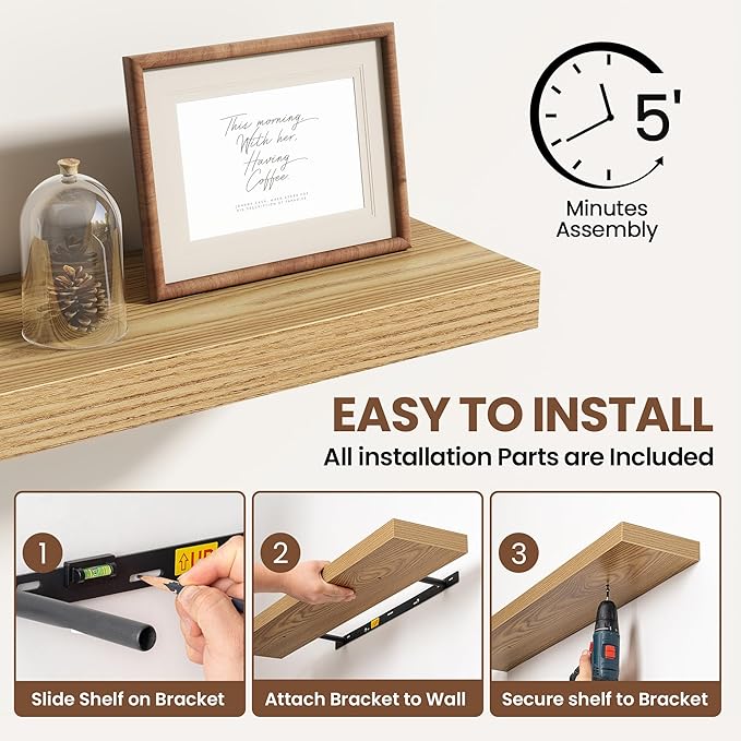 Acovy 40 Inch Floating Shelves for Wall 2 Pack, 40" Wall Shelves for Books, Storage, Decor, Wall Mounted Floating Shelf with Invisible Brackets for Kitchen, Living Room, Light Brown