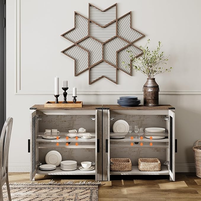 WAMAPT Sideboard Buffet Cabinets with 4-Mesh Door, Set of 2 Wood Kitchen Storage Cabinets with Adjustable Shelf, Coffee Bar Tables for Dining Room, Living Room,Oak and White