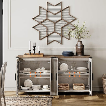 WAMAPT Sideboard Buffet Cabinets with 4-Mesh Door, Set of 2 Wood Kitchen Storage Cabinets with Adjustable Shelf, Coffee Bar Tables for Dining Room, Living Room,Oak and White