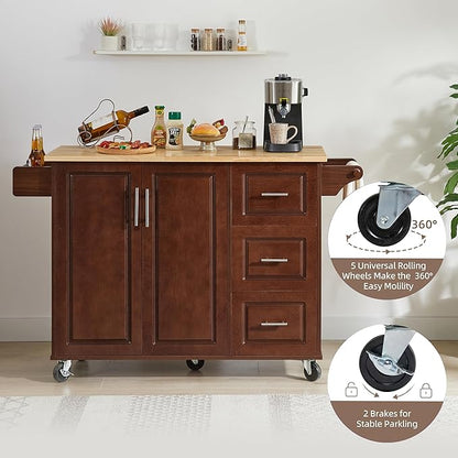 Modern Dining Table Expandable Kitchen Island with Drop Countertop Cabinet Tower Rack Rolling Cart Wheels Wood Console,Brown-3
