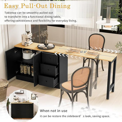 JIJIWANG 89.7'' Wooden Sideboard with Extendable Table,Multifunctional Storage Kitchen Island with 2 Doors and 3 Drawers,for Living Room,Study,Foyer and Kitchen, Black+Natural