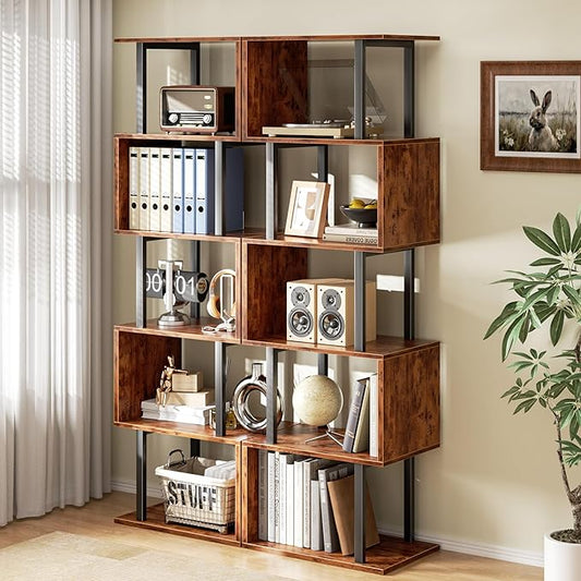 Furologee 6 Tier Bookshelf, Tall S Shaped Geometric Bookcase, Modern Display Shelf Standing Unit, Wood Metal Decorative Divider Rack for Living Room Bedroom Office, Rustic Brown | Tall, Bookcase, Display, Book Shelf, Decorative, Bookshelves