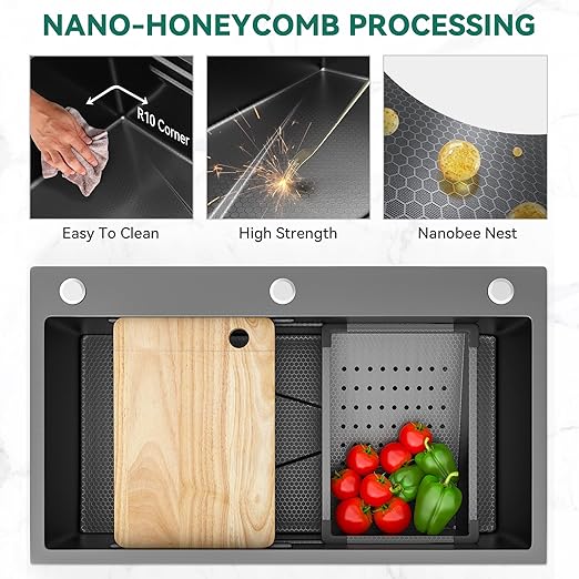 YITAHOME Drop In Kitchen Sink Workstation 30 Inch, Top mount Stainless Steel Nano Gunmetal Black Sink w/Cutting Board& Strainer, Handmade Single Bowl Sink with Accessories 30 x 18 x 10in