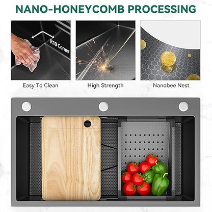 YITAHOME Drop In Kitchen Sink Workstation 30 Inch, Top mount Stainless Steel Nano Gunmetal Black Sink w/Cutting Board& Strainer, Handmade Single Bowl Sink with Accessories 30 x 18 x 10in