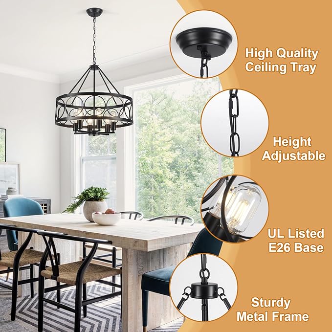 Black Farmhouse Chandelier, 6-Light Rustic Chandeliers for Dining Room Light Fixture, Drum Chandelier Round Pendant Light, Hanging Kitchen Island Lighting for Living Room, Entryway, Foyer