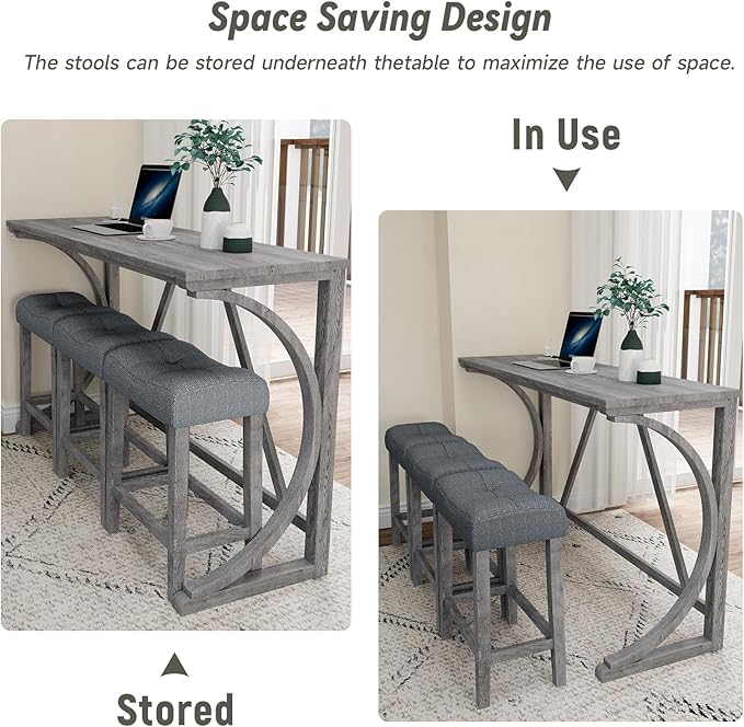 HMFULE 4 Piece Bar Table Set with Power Outlet, 59'' Dining Bar Table and Chairs Set, Industrial Breakfast Table with 3 Padded Stools for Living Room Dining Room Game Room Grey