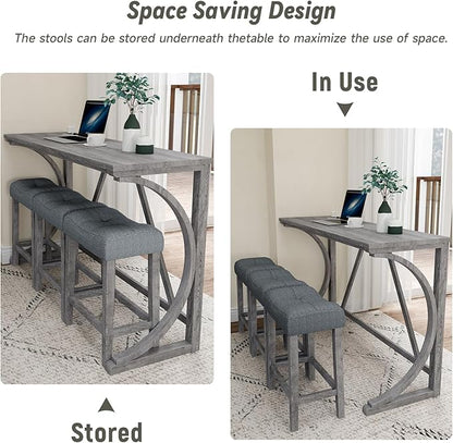 HMFULE 4 Piece Bar Table Set with Power Outlet, 59'' Dining Bar Table and Chairs Set, Industrial Breakfast Table with 3 Padded Stools for Living Room Dining Room Game Room Grey