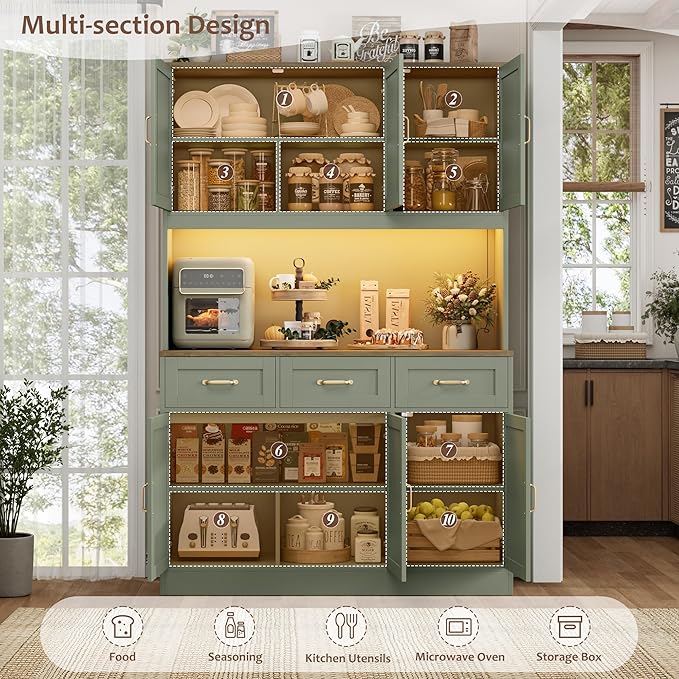 HOSTACK 72" Tall Kitchen Pantry Cabinet with Charing Station | LED Lights, 47" W Kitchen Pantry Storage Cabinet with Countertop, Modern Kitchens Hutch Cabinets with Storage for Dining Room, Green
