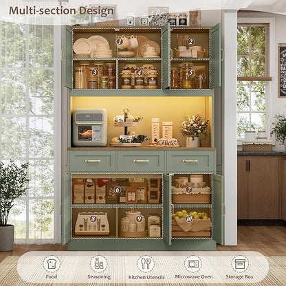 HOSTACK 72" Tall Kitchen Pantry Cabinet with Charing Station | LED Lights, 47" W Kitchen Pantry Storage Cabinet with Countertop, Modern Kitchens Hutch Cabinets with Storage for Dining Room, Green