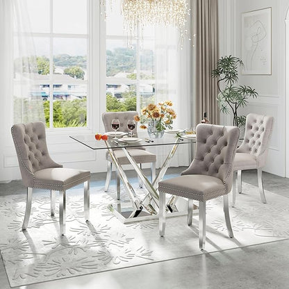 63'' Rectangular Glass Dining Table for 4-6, Luxury Kitchen Table with Tempered Glass and Aesthetic Silver Stainless Steel Base, Modern Dinner Table for Home, Apartment