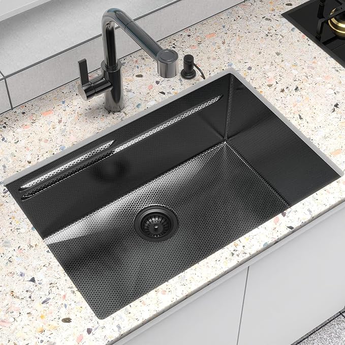 28inch Black Kitchen Sink Undermount - Feibus 28x19x10 with Double Step Workstation 16 Gauge Honeycomb Embossment Stainless Steel Single Bowl