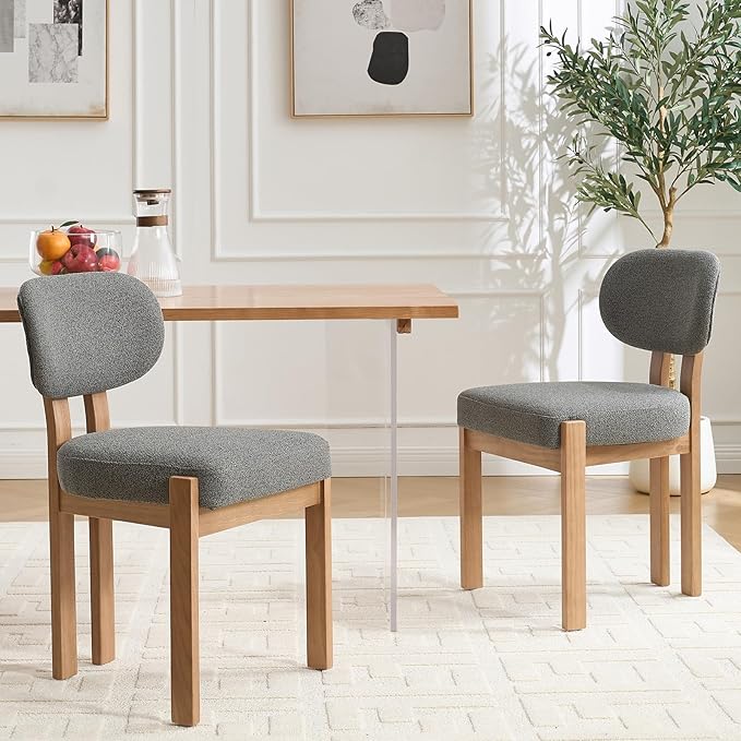 Chenille Dining Chairs Set of 2, Comfy Upholstered Dining Room Chairs Mid Century Modern Farmhouse Fabric Kitchen Chairs with Rubber Wood Legs for Dining Room Kitchen Island Home (Grey)