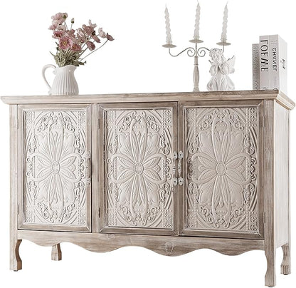 RoyalCraft Buffet Cabinet with Storage, Vintage Solid Wood Sideboard with 3 Carved Doors, Painted Coffee Bar Console Table for Dining Room, Living Room, Kitchen, Distressed Black