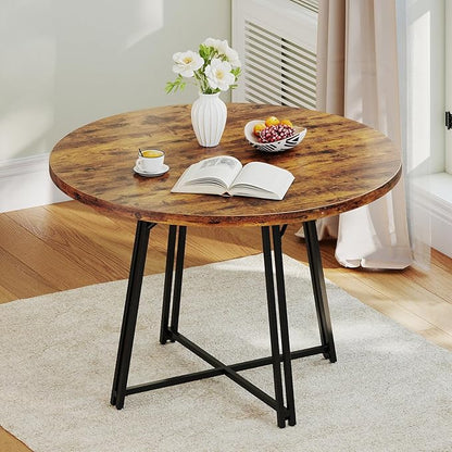 Giantex 47-inches Round Dining Table for 4-6 People, Kitchen Table with Metal Supporting Legs & Cross Base, Circle Dinner Tables for Dinette, Restaurant, Living Room, Dining Room, Rustic Brown