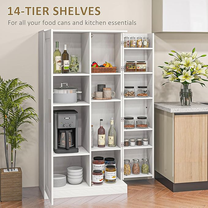 HOMCOM 63" Kitchen Pantry, Freestanding Food Cabinet with 2 Doors and Adjustable Shelves, Storage Cabinet - White