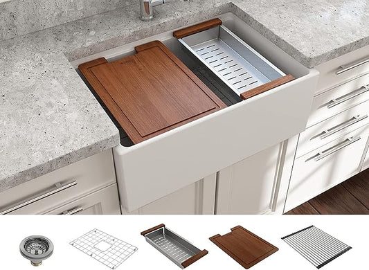 BOCCHI Contempo Workstation Apron Front Step Rim Fireclay 27 in. Single Bowl Kitchen Sink with Accessories in Matte White