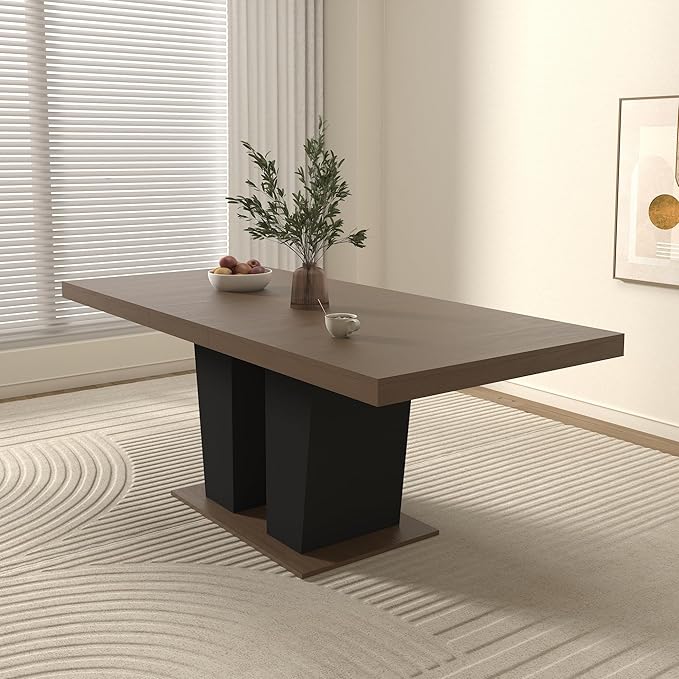 78" Dining Table for 4-10,Modern Expandable Rectangular Kitchen Table,Long Dining Room Tables with Black Double Sturdy Pedestal Base for Kitchen Living Room (Beige+Brown)