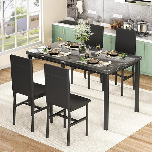 tantohom Dining Table Set for 4, 5-Piece Faux Marble Dining Set,4 Upholstered PU Chairs, Modern Kitchen Table Furniture for Dining Room, Dinette, Compact Space-Saving Faux Marble Tabletop, Black