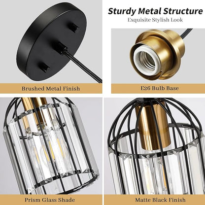 TALOYA Pendant Lights Kitchen Island Black, Crystal Pendant Light Modern for Dining Room, Height Adjustable Chandelier Hanging Island Light Fixtures for Kitchen Hallway(Bulb Not Included)