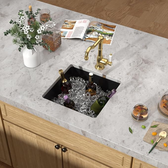 17x17 Black Undermount Bar Sink - Granite Composite Classic Quartz Single Bowl Wet Prep Sink Basin for RV, Kitchen Bar, Boat, and Outdoor #TLGU-132