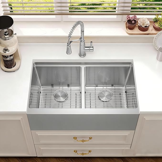 Kitsitchen Stainless Steel Farmhouse Sink 28 Inch, 16-Gauge Stainless Steel 50/50 Double Bowl Workstation Sinks with Abundant Accessories, 10" Deep and Large Undermount Kitchen Sink
