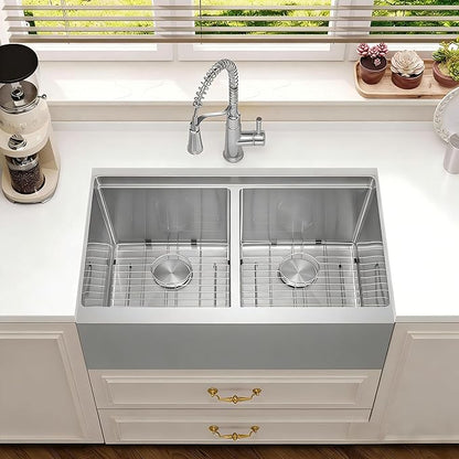 Kitsitchen Stainless Steel Farmhouse Sink 28 Inch, 16-Gauge Stainless Steel 50/50 Double Bowl Workstation Sinks with Abundant Accessories, 10" Deep and Large Undermount Kitchen Sink