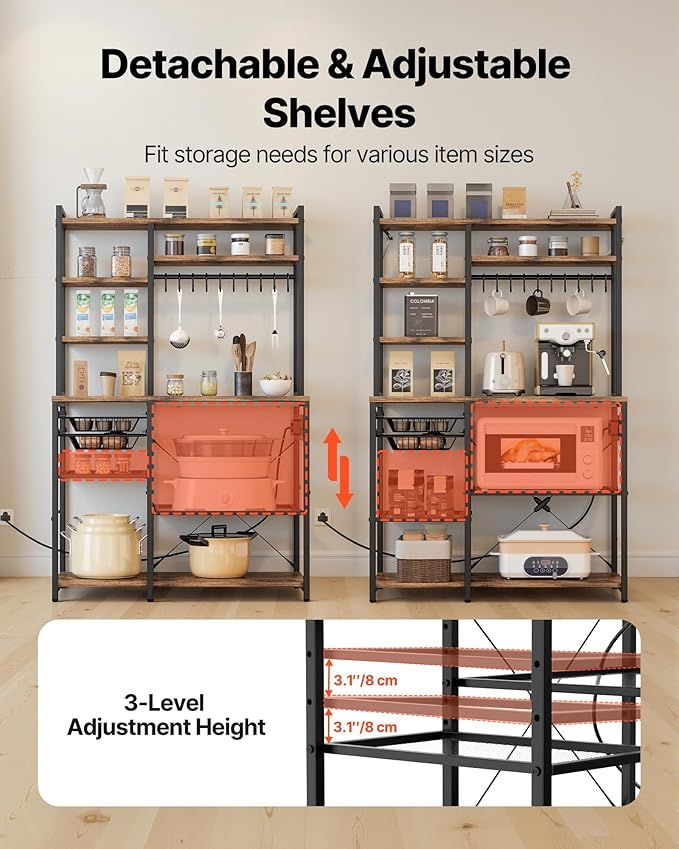 VEVOR Kitchen Bakers Rack with Power Outlets, 35.4x15.7x70.9 Inch Microwave Stand with Built-in Power Strip & 5 Ft Cord, 10 S-Shaped Hooks, for Dish Storage, Spice Jars, Coffee Bar Organization