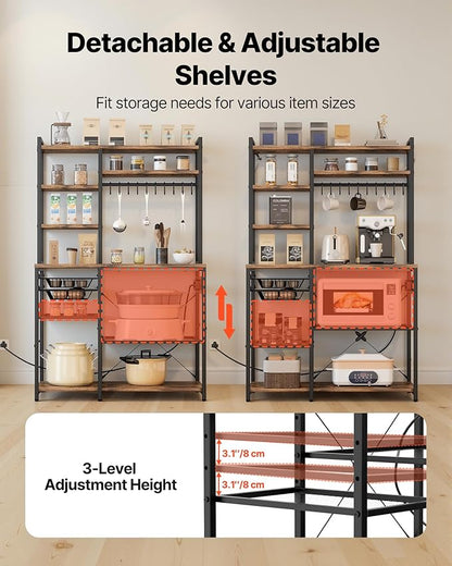VEVOR Kitchen Bakers Rack with Power Outlets, 35.4x15.7x70.9 Inch Microwave Stand with Built-in Power Strip & 5 Ft Cord, 10 S-Shaped Hooks, for Dish Storage, Spice Jars, Coffee Bar Organization