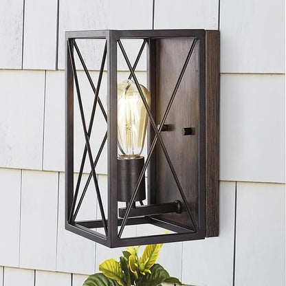 JONATHAN Y 6" Oil Rubbed Bronze/Wood Finish 1-Light Iron Sconce, Farmhouse Rustic X-Frame Wall Lantern for Bathroom Hallway Entryway, Modern Industrial Lamp, LED Bulb Included JYL1310A