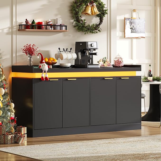 UNIQUITE 63" Sideboard Buffet Cabinet, Kitchen Buffet Cabinet Storage Cabinets with Power Outlets & LED Light, Modern Sideboard Coffee Bar Buffet Cabinets for Kitchen, Dinning, Living Room