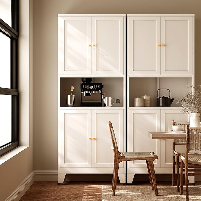 69" H Kitchen Hutch Cabinet with Storage,White Metal Storage Cabinet,Microwave Cabinet,Kitchen Pantry Cabinet with Countertop