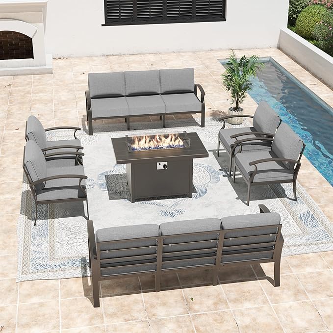 Metal Outdoor Patio Furniture Set for 10,Aluminum Patio Sectional Set w/Propane Fire Pit Table,Outside Furniture w/Removable Sponge Cushion for Porch, Balcony, Yard,Gray
