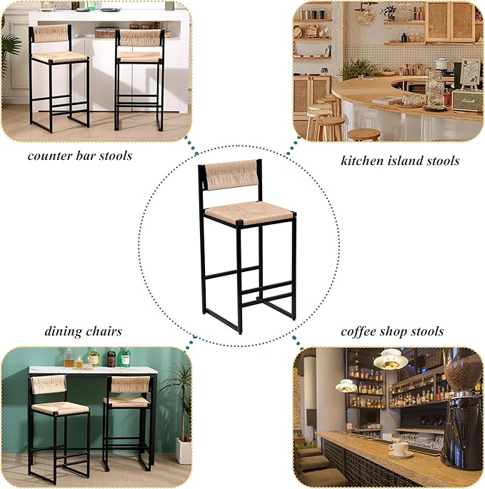 Modern Dining Chairs,Elegant American Design,Offering & Stylish,Hand Woven Paper Rope Bar Stools Set of 2,Solid Wood Frame Counter Height with Metal Legs for Island,Farmhouse Furniture,Honey-PaperRope
