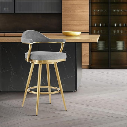 Armen Living Justin Modern Farmhouse 30" Seat Height Swivel Bar Stool with Anchor Gray Fabric and Gold Brushed Stainless Steel Legs for Kitchen Island Counter
