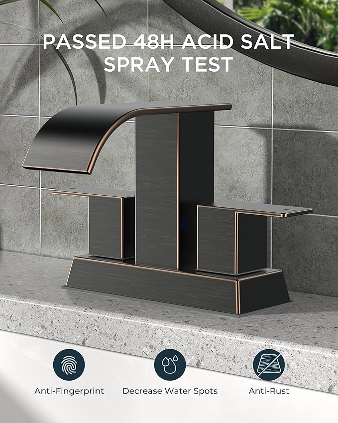 FORIOUS 4 Inch Centerset Oil Rubbed Bronze Bathroom Faucet, 2 or 3 Hole Waterfall Square Bathroom Sink Faucet with Metal Pop-up Drain and Supply Lines, Two Handles for Vanity, Lavatory Room, Pedestal