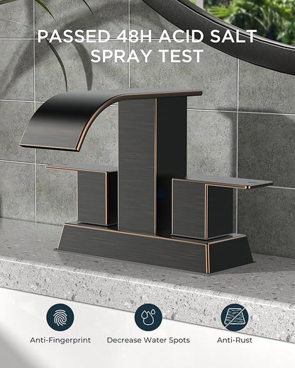 FORIOUS 4 Inch Centerset Oil Rubbed Bronze Bathroom Faucet, 2 or 3 Hole Waterfall Square Bathroom Sink Faucet with Metal Pop-up Drain and Supply Lines, Two Handles for Vanity, Lavatory Room, Pedestal