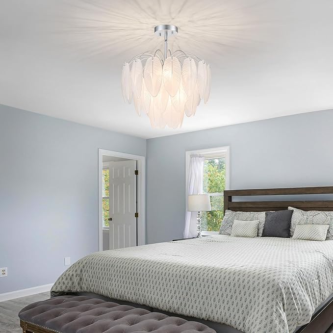 LumFurn 6-Light Glass Chandeliers, Modern 3-Tier Pendant Light Fixture for Dining Room, Living Room, D17.7 x H19~51 Inch Adjustable Height, Frosted Feather-Shaped Glass Shade & Chrome Finish Frame