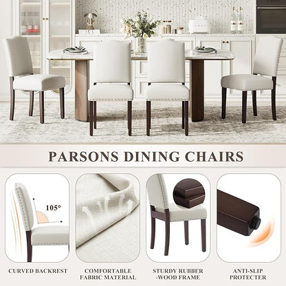 Upholstered Parsons Dining Chairs Set of 4, Modern Dining Room Chairs with Back, Fabric Kitchen Side Chairs with Wood Legs, Nailhead Trim for Dinner Farmhouse Restaurant, Beige