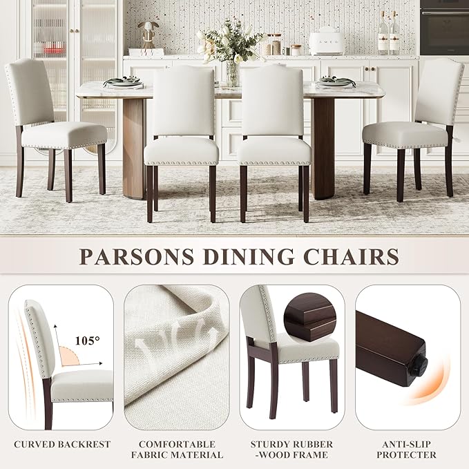 Upholstered Parsons Dining Chairs Set of 2, Modern Dining Room Chairs with Back, Fabric Kitchen Side Chairs with Wood Legs, Nailhead Trim for Dinner Farmhouse Restaurant, Beige