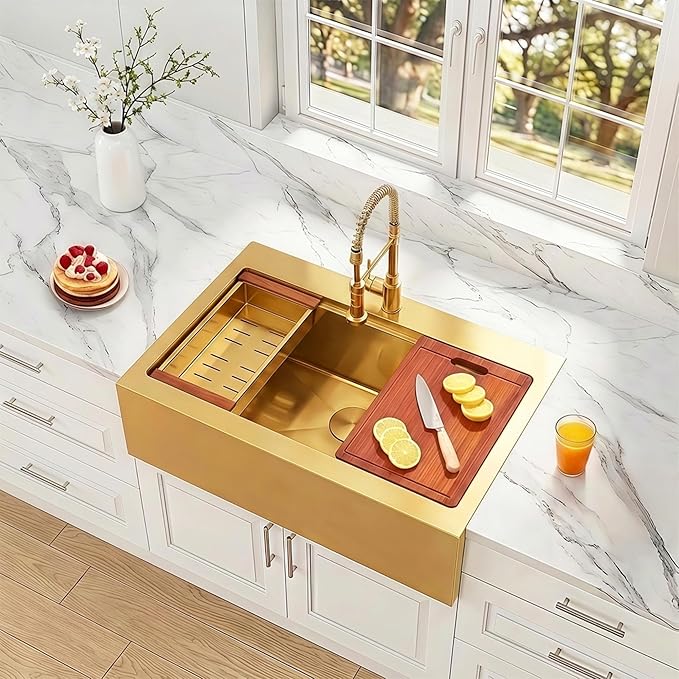 33 Inch Farmhouse Gold Sink, 16 Gauge 304 Stainless Steel Farm Sinks, Drop In Topmount Single Bowl Workstation Sink with all Accessories, 33" x 22" x 10" Large and Deep Kitchen Sink