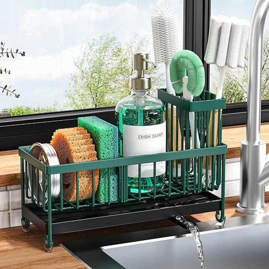 Cisily Sponge Holder for Kitchen Sink, Sink Caddy Organizer with High Brush Holder, Kitchen Countertop Organizers and Storage Essentials, Rustproof 304 Stainless Steel (Dark Green, 9.25″)