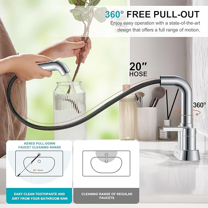 KENES Chrome Centerset Bathroom Faucet with Pull Out Sprayer, 4 Inch 2 Handle Pull Down Bathroom Faucet 3 Hole, Bathroom Sink Faucet with Pop Up Drain & Supply Lines LJ-9059A-5