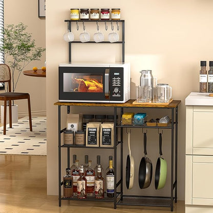 3IngSeagulls Baker's Rack for Kitchen with Storage, Microwave Stand with Adjustable Shelves and 10 S Hooks, 6-Tier Coffee Bar Station, Kitchen Shelves for Spices, Pots, Rustic Brown