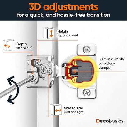 Decobasics 10 Pack Soft Close Cabinet Hinges – 1/2" Overlay for Kitchen Cabinet Doors, Slow Self-Closing Concealed Hidden Hinges for Face Frame –Stainless Steel, 3-Way Adjustable & Quiet Close Damper