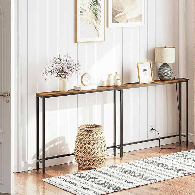 HOOBRO 78.7" Narrow Console Table with Charging Station, 5.9" Slim Sofa Table Behind Couch, 2 AC Outlets & USB-C Ports, Long Entryway Tables for Small Spaces, Livingroom, Rustic Brown BF205UXG01