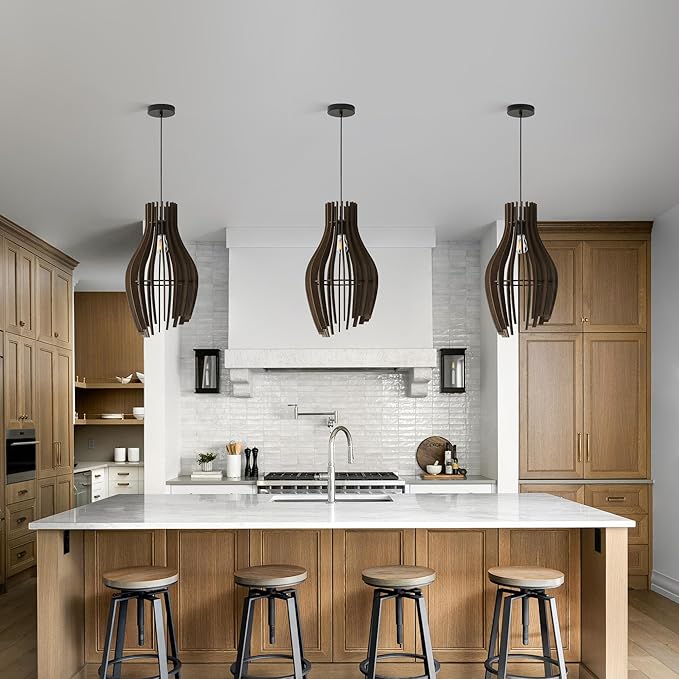 Wood Pendant Light Fixture, Hand-Woven Chandeliers Ceiling Lighting, Farmhouse Basket Cylinder Lampshade Hanging Lamp for Dining Room, Kitchen Island, Entryway (Retro)