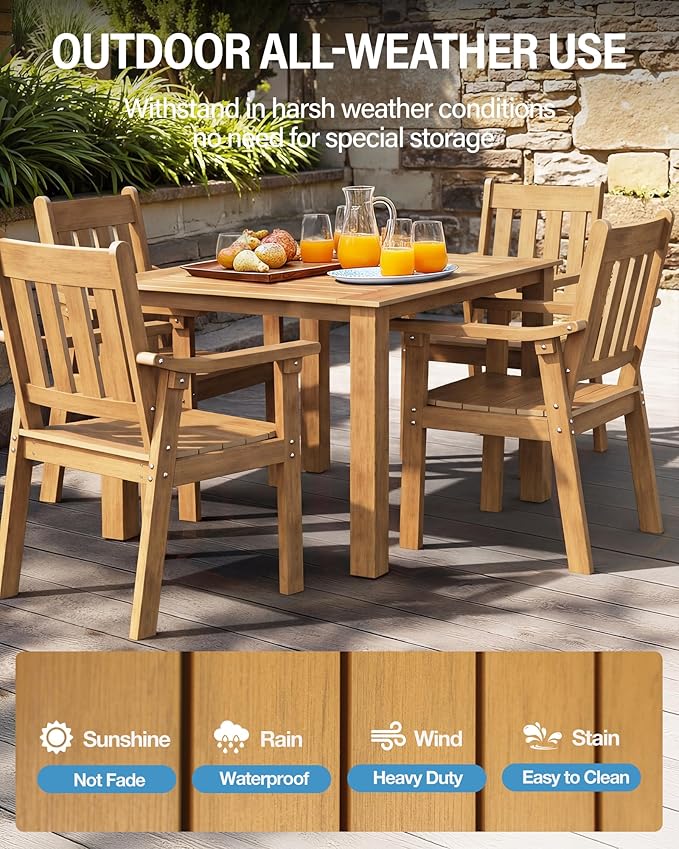 YEFU HIPS Patio Table Set: 5 Piece Outdoor Square Table and Chairs with Metal Aluminum Frame - Teak Modern Plastic Patio Dining Furniture Set 4 Person for Outside Deck